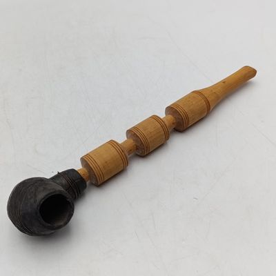 Antique African tribal terracotta smoking pipe with wooden stem