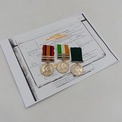 Boer War QSA and KSA with Colonial long service medal issued to 577 Gunner FW Allcock, Cape Garrison Artillery
