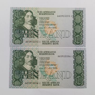 South Africa CL Stals Pair of uncirculated R10 banknotes with consecutive numbers - AA