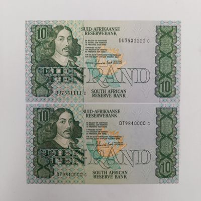 South Africa GPC de Kock Pair of uncirculated 3rd issue R10 banknotes with nice numbers