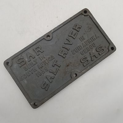 1935 SA Railways Salt River cast iron makers plate