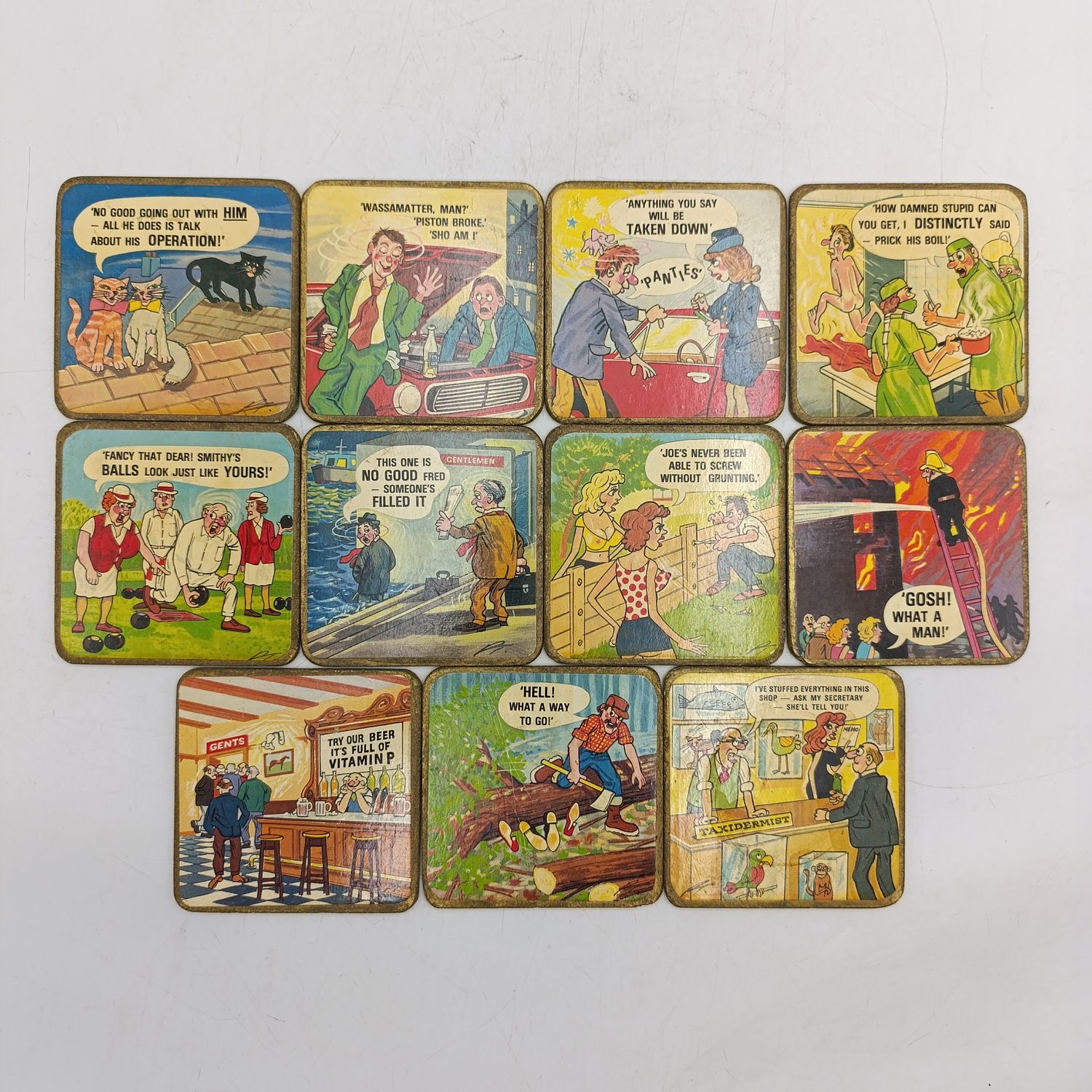 Lot of 11 vintage funny coasters