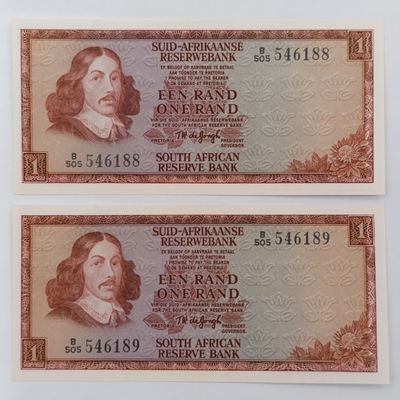 Pair of South African TW de Jongh 3rd issue uncirculated R1 banknotes with consecutive numbers