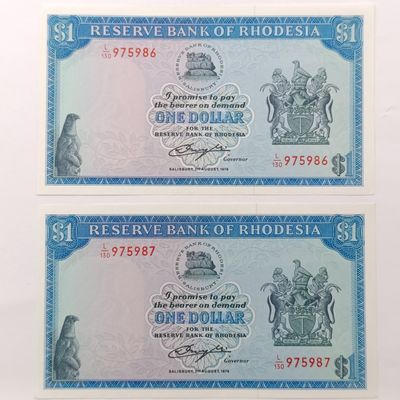 Pair of Rhodesian 1 Dollar banknotes with consecutive numbers - Salisbury 2 August 1979 - Bird watermark