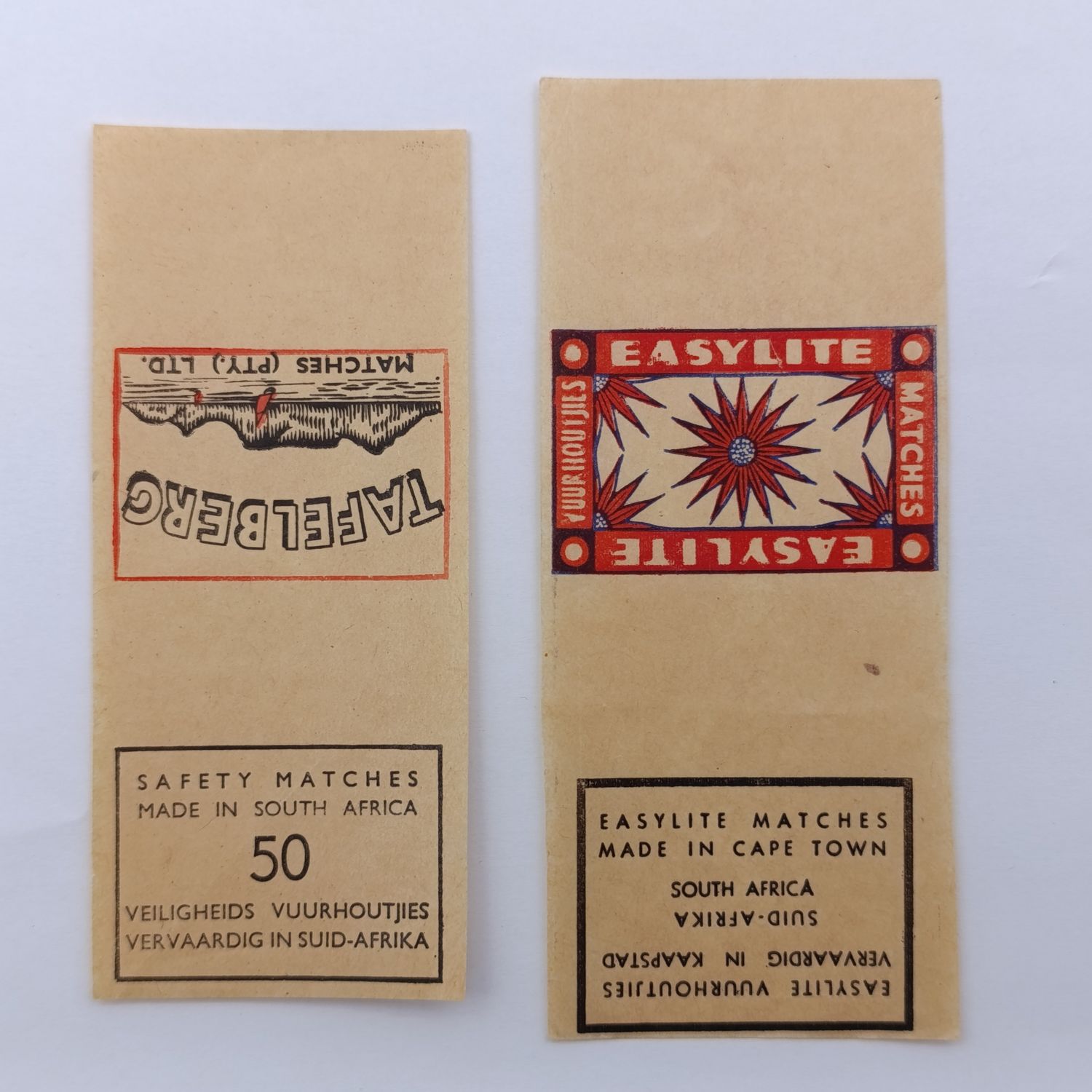 South African 2 full labels for vintage matches - Tafelberg and EasyLite