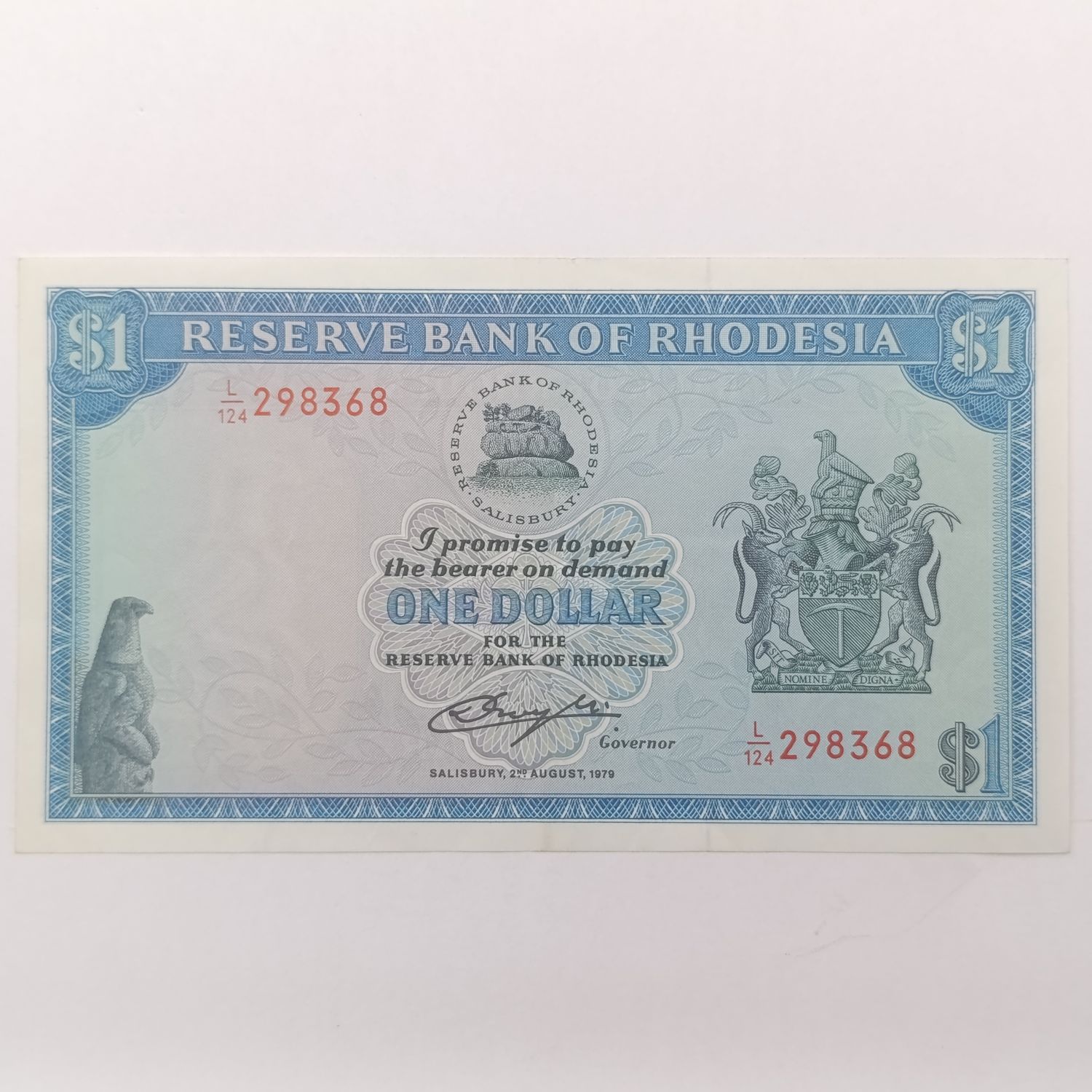 Rhodesia 1 Dollar banknote - 2 August 1979 Salisbury - AU+ with indication of middle fold