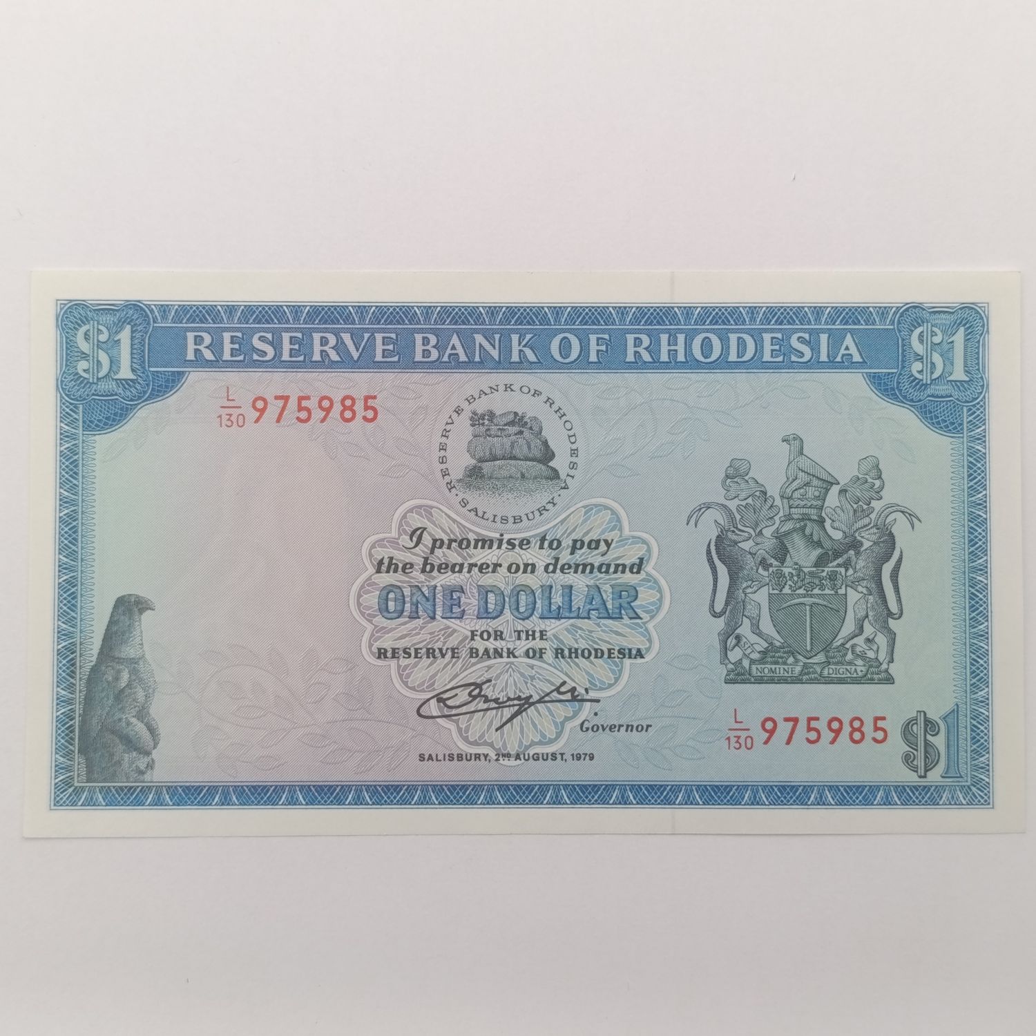 Rhodesia 1 Dollar uncirculated banknote - 2 August 1979 - Bird watermark