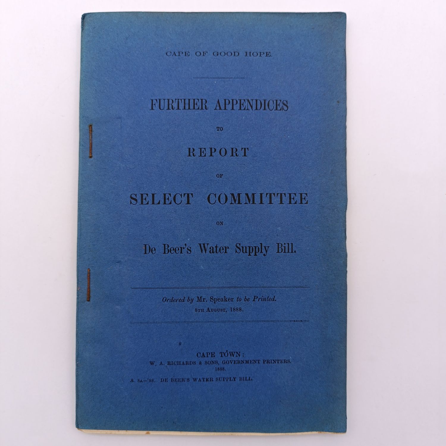 Cape of Good Hope 1888 Further appendices to report of the select committee on De Beers water supply bill - Maps of mains supply and common boundaries