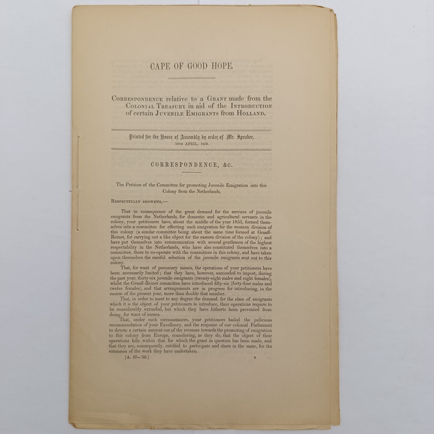 Cape of Good Hope 1859 Correspondence relative to a grant made from the colonial treasury