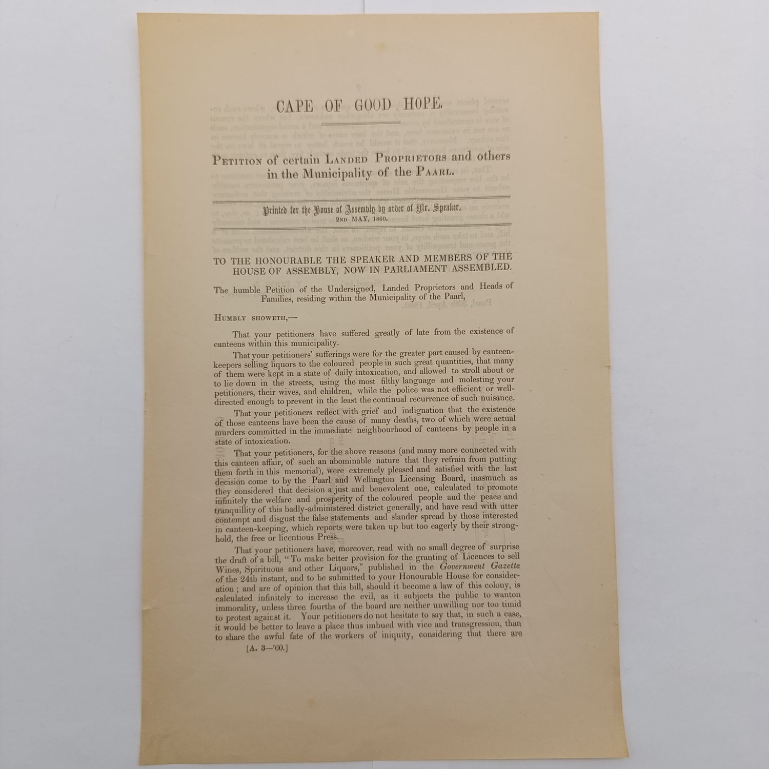 Cape of Good Hope 1860 Petition of certain landed proprietors and others in the municipality of Paarl