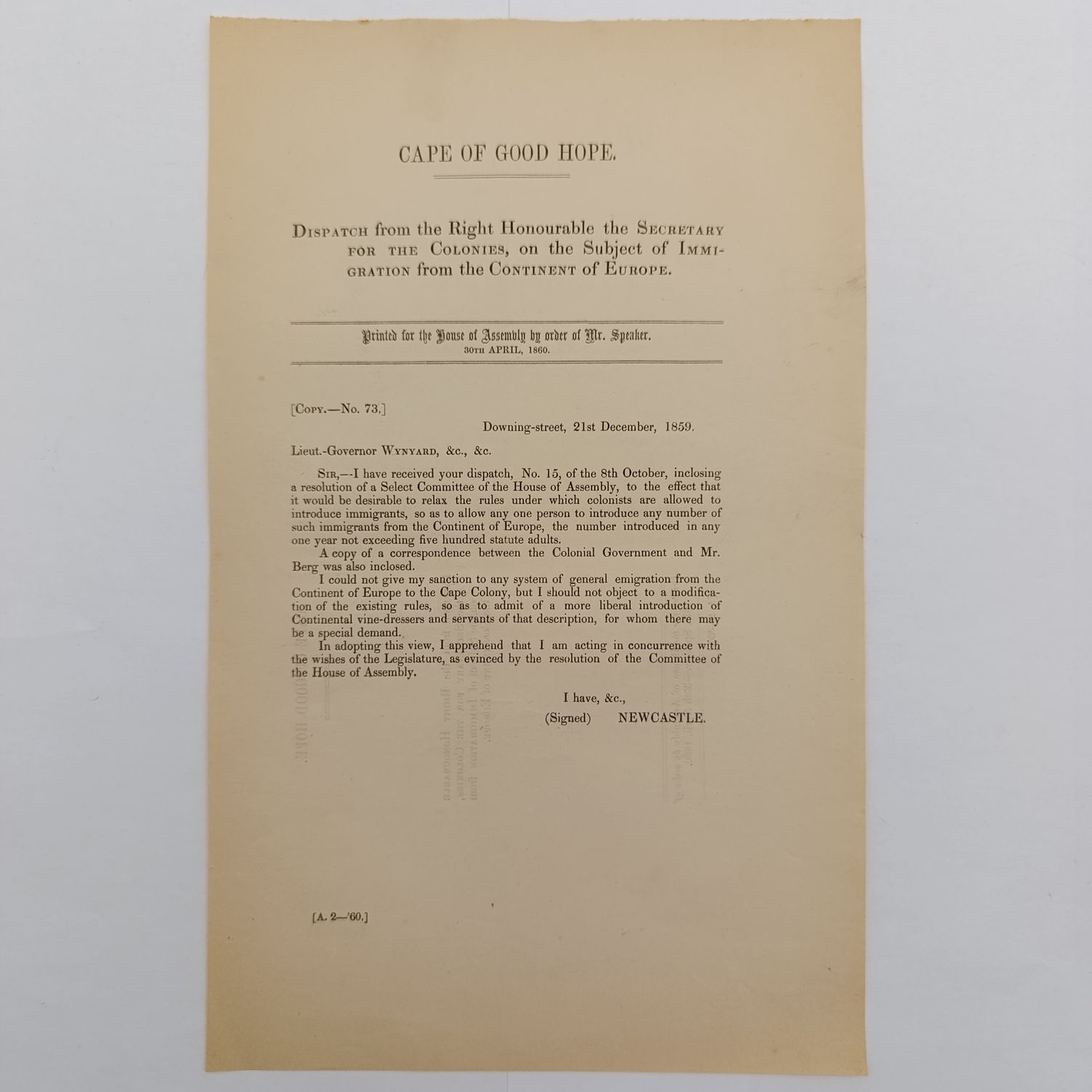 Cape of Good Hope 1859 Dispatch from the Right Honourable the secretary for the colonies