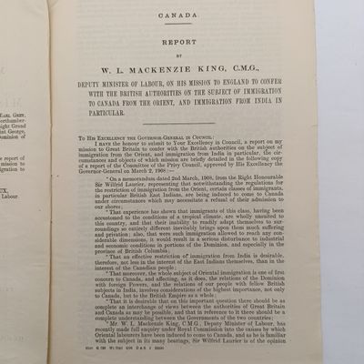 Canada 1908 Report of the WL Mackenzie King on this mission to England on Immigrants
