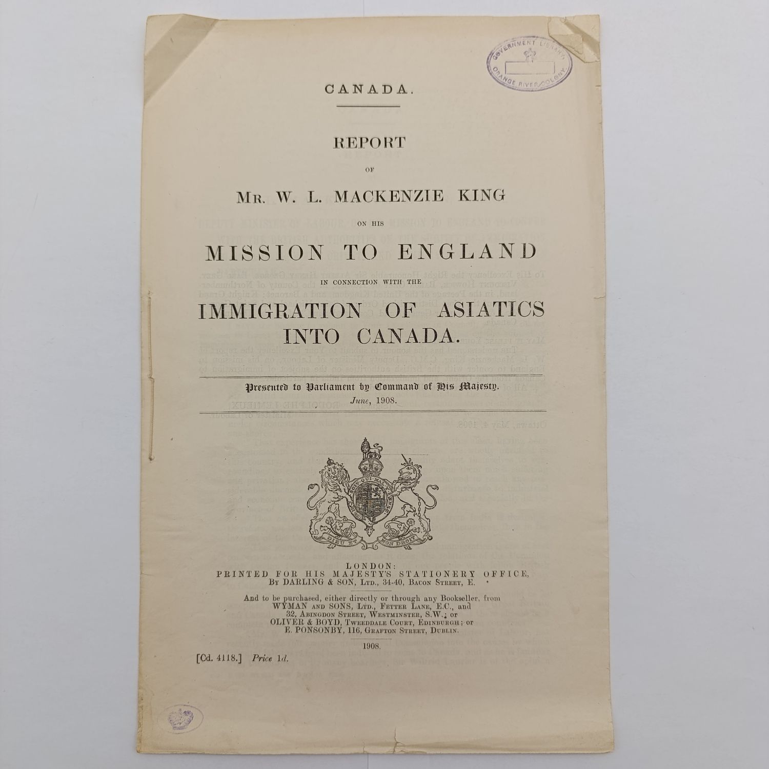 Canada 1908 Report of the WL Mackenzie King on this mission to England on Immigrants