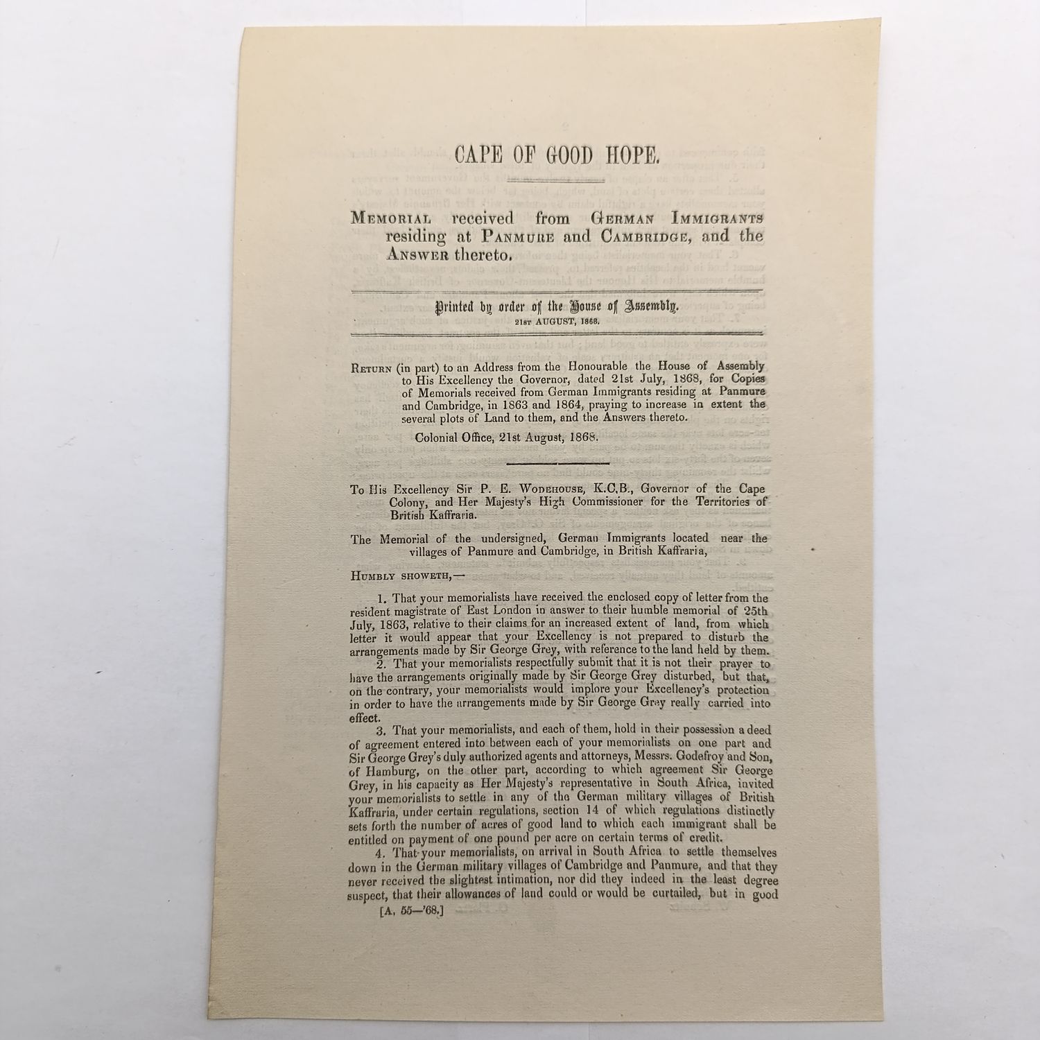 Cape of Good Hope 1868 memorial received from German Immigrants residing at Panmure and Cambridge