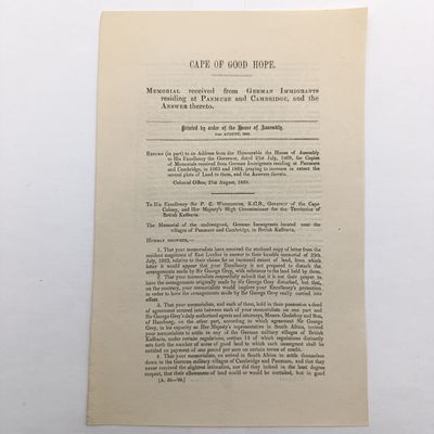 Cape of Good Hope 1868 memorial received from German Immigrants residing at Panmure and Cambridge