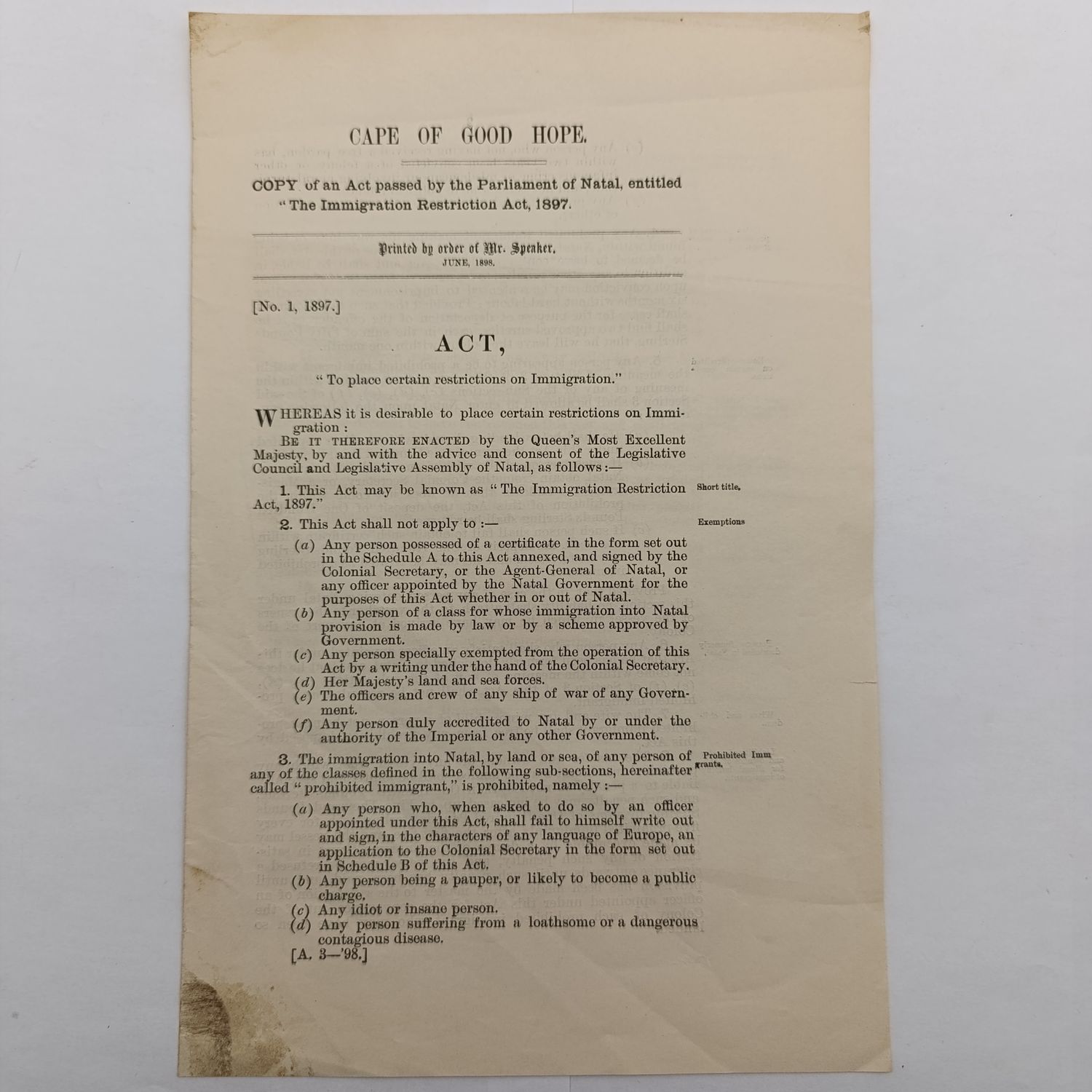 Cape of Good Hope original 1898 Copy of an Act Passed by the Parliament of Natal entitled - The Immigration restriction act