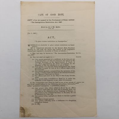 Cape of Good Hope original 1898 Copy of an Act Passed by the Parliament of Natal entitled - The Immigration restriction act