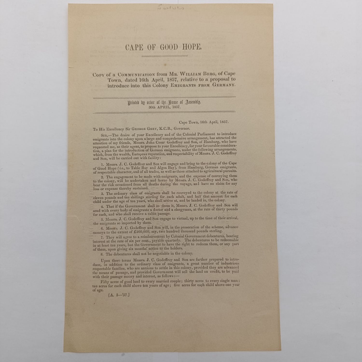 Cape of Good Hope 1857 Copy of Communication from Mr William Berg of Cape Town