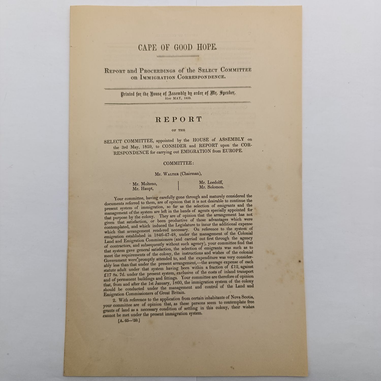 Cape of Good Hope 1859 Report and Proceedings of the Select Committee on immigration correspondence (Regarding inter alia the selection of immigrants)