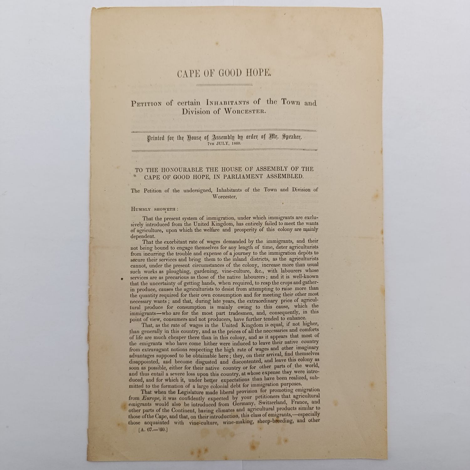 Cape of Good Hope 1860 Petition of certain inhabitants of the town and division of Worcester
