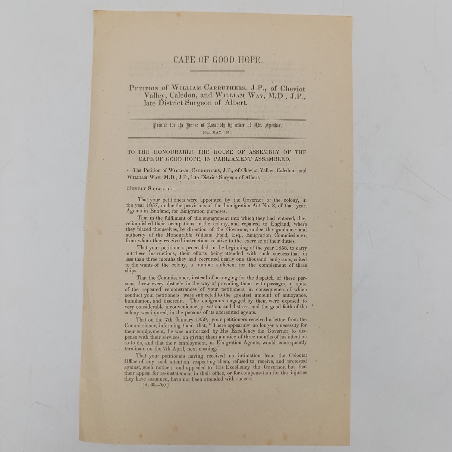 Cape of Good Hope 1860 petition document of William-Carruthus, Caledon and William Way, and Albert