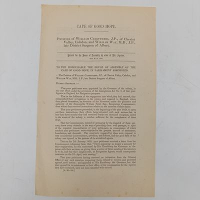 Cape of Good Hope 1860 petition document of William-Carruthus, Caledon and William Way, and Albert