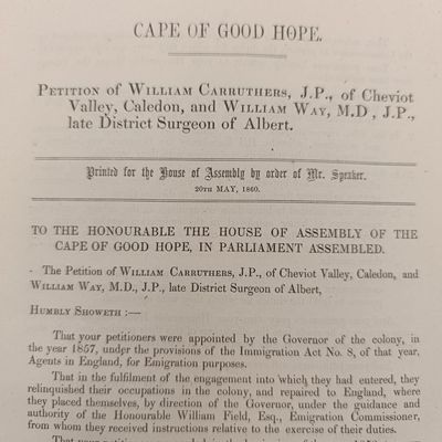 Cape of Good Hope 1860 petition document of William-Carruthus, Caledon and William Way, and Albert
