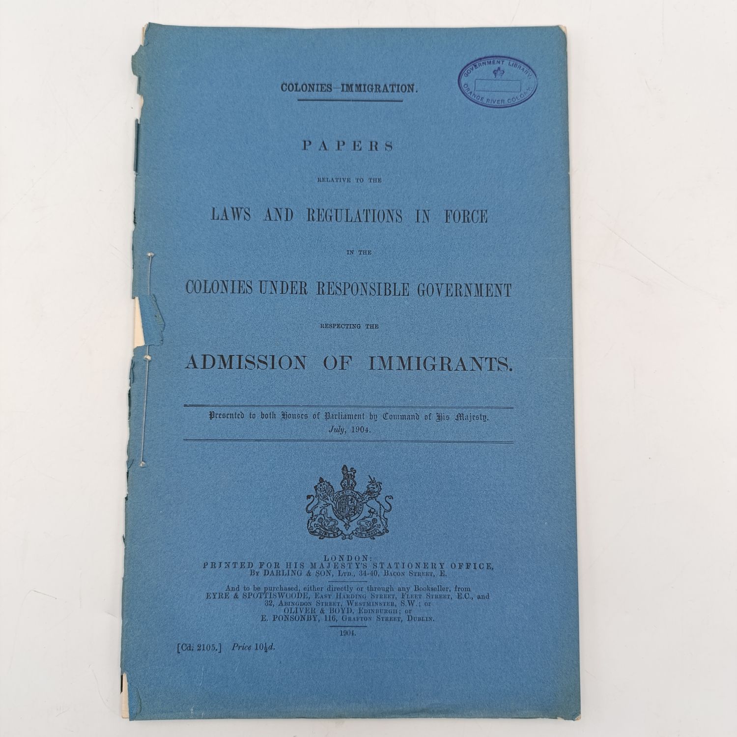 London 1904 Colonies immigration - papers relative to the laws and regulations in force