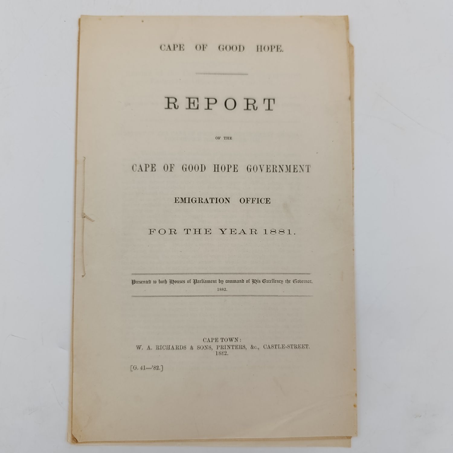 Cape of Good Hope 1882 Report of the Cape of Good Hope Government emigration office for the year 1881