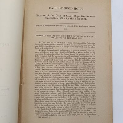 Cape of Good Hope 1882 Report of the Cape of Good Hope Government emigration office for the year 1881