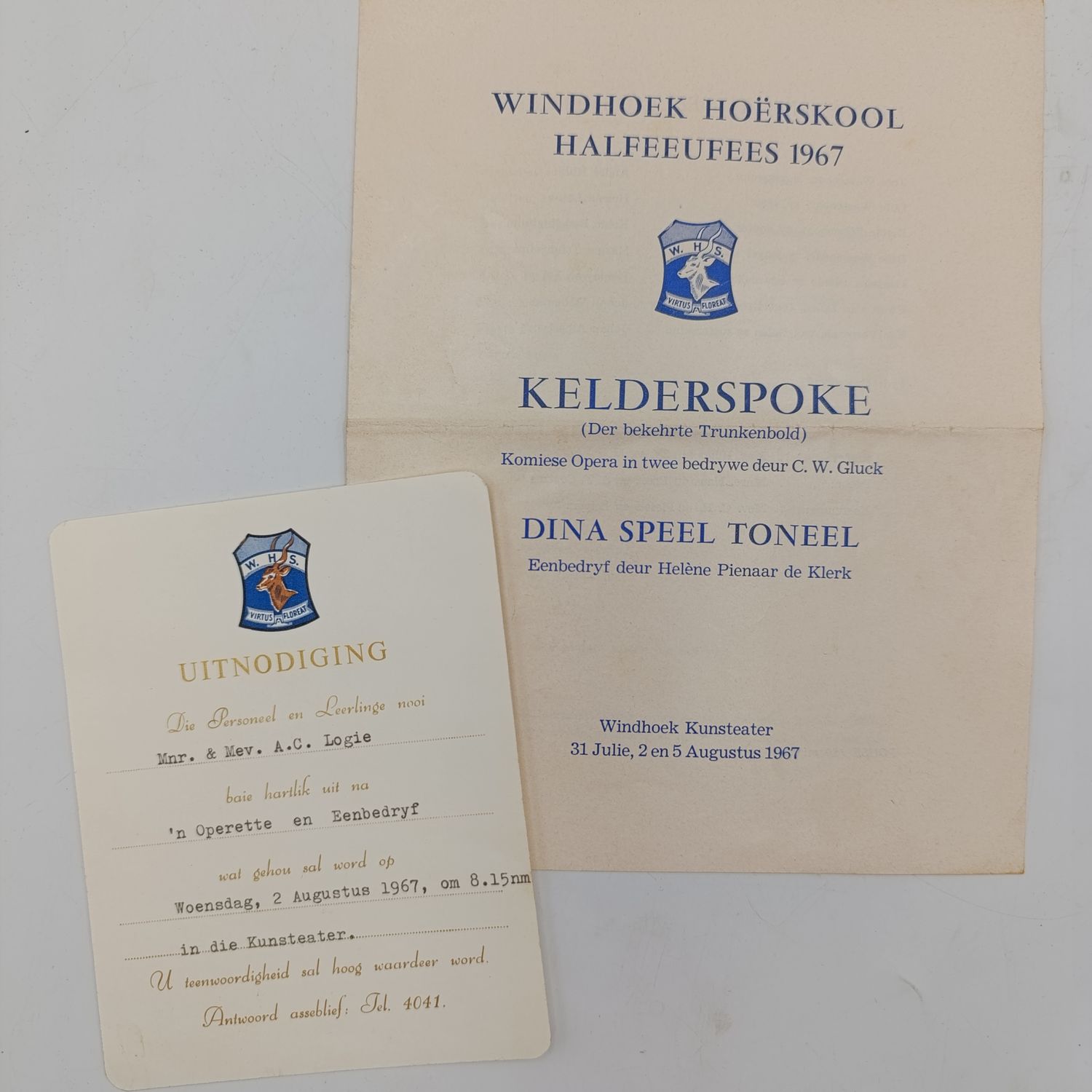 Windhoek High School Invitation to Mrs and MR Logie to a theatre piece as well as program