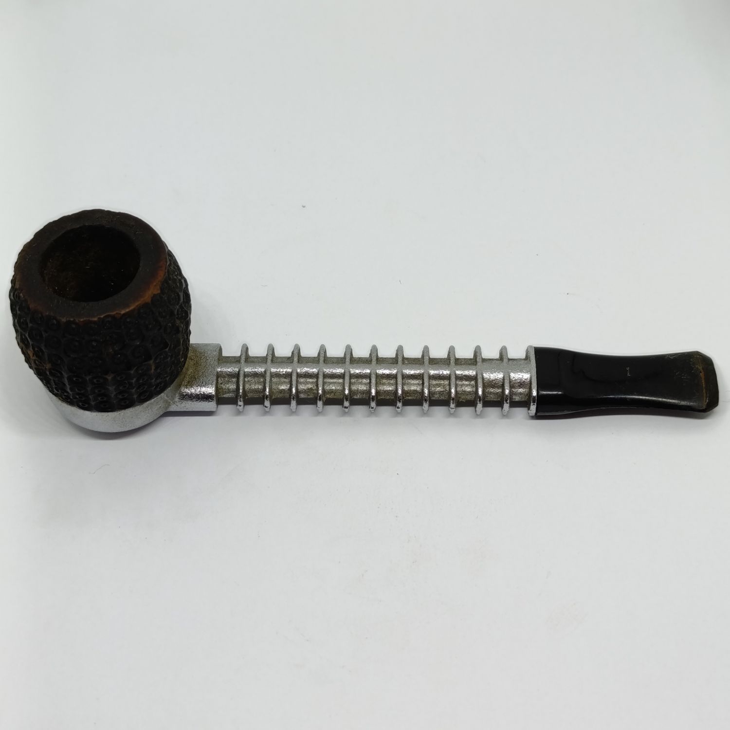 Vintage metal smoking pipe with wooden bowl