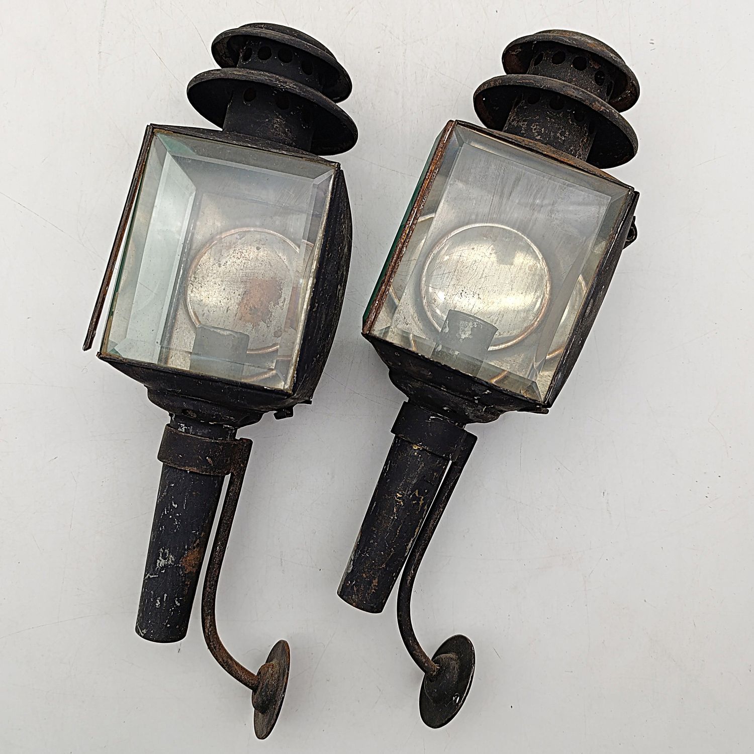 Pair of Antique carriage candle lanterns with brackets