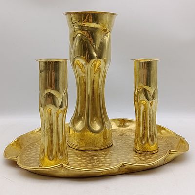 WW2 Trench art flower vases with tray made of canon shells