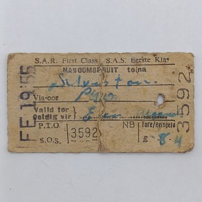 SA Railways vintage first class train ticket Naboomspruit to Silvertan