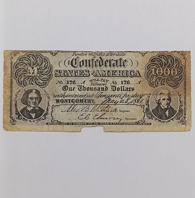 1861 Confederate States of America $1000 note . Issued in Montgamery, Alabama - well used - torn at bottom - #176