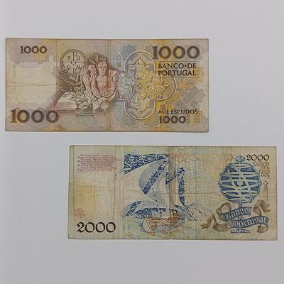 Pair of Portugal 1000 € 2000 Escudos banknotes withdrawn 1997