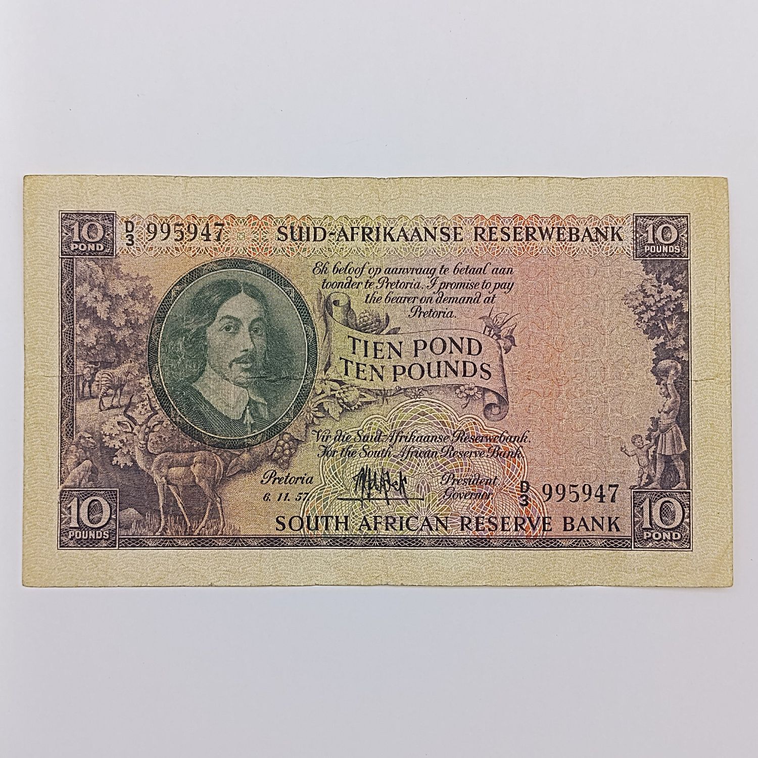 1957 South African MH de Kock 10 pounds banknote 6-11-1957