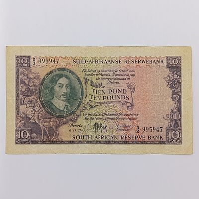1957 South African MH de Kock 10 pounds banknote 6-11-1957