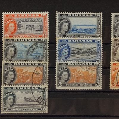 Lot of 10 Bahamas QEZ stamps - including 5 shilling and 10 shilling