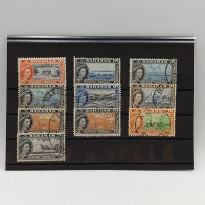 Lot of 10 Bahamas QEZ stamps - including 5 shilling and 10 shilling
