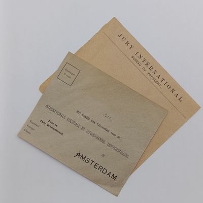 1883 Pre printed envelope for the International Jury at the International Colonial Exhibition Amsterdam- as well as damaged International Jury Envelope