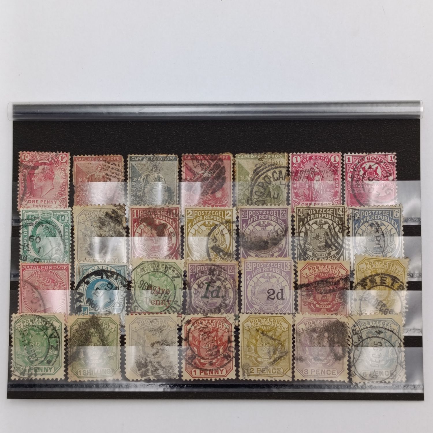 Lot of 28 ZAR, Natal and Cape of Good Hope stamps-used on card