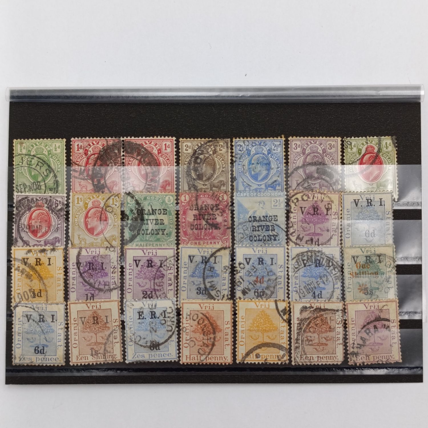 Antique Orange River Colony and Vrij Staat used stamps - Lot of 28 on card- some very hard to get