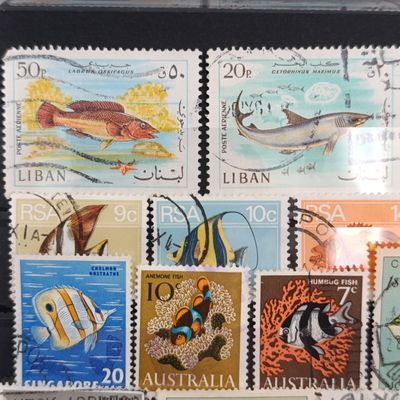 Card with 30 Fishing and sea life Stamps - unresearched