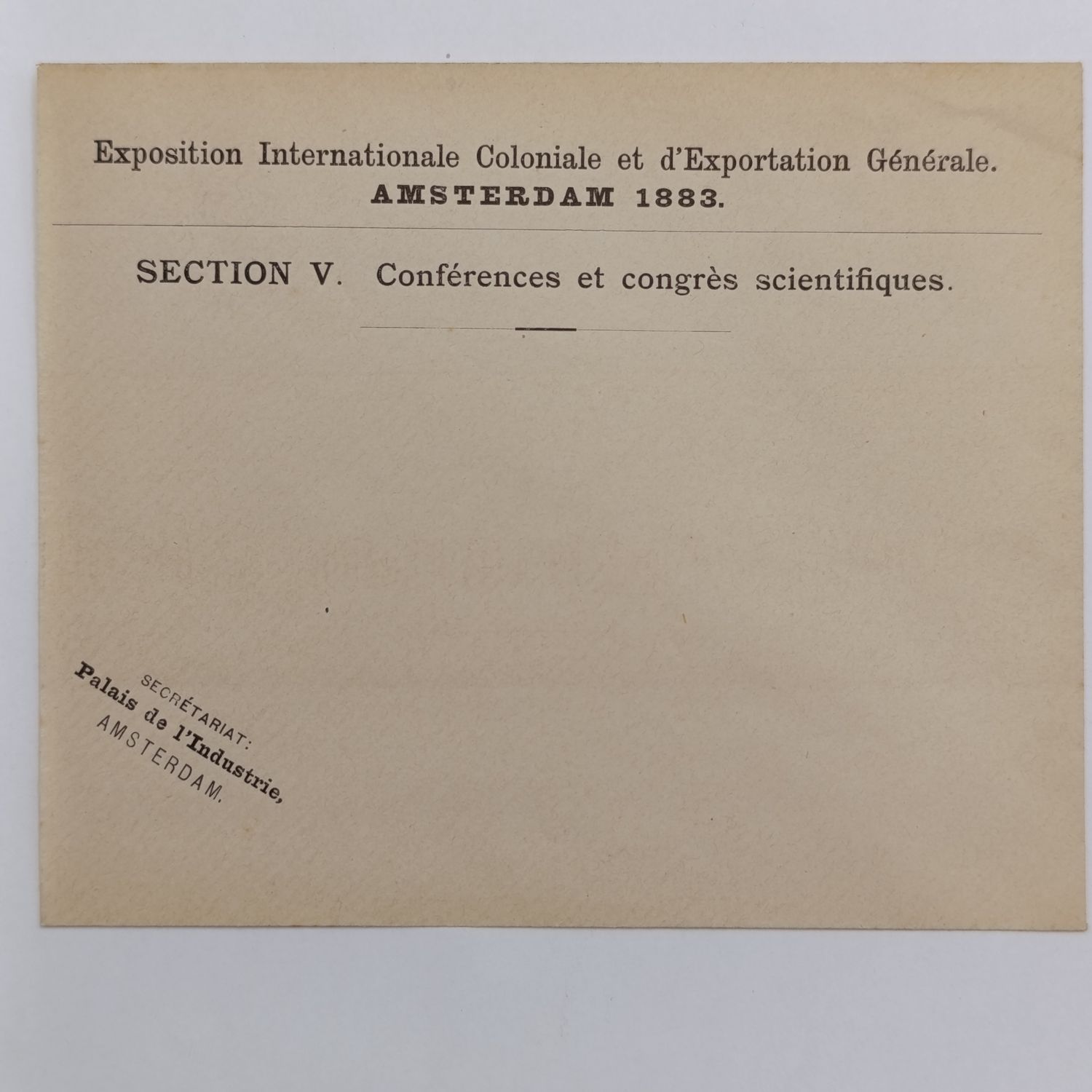 Envelope for the 1883 Amsterdam International Colonial Exhibition - Unused and Excellent Condition