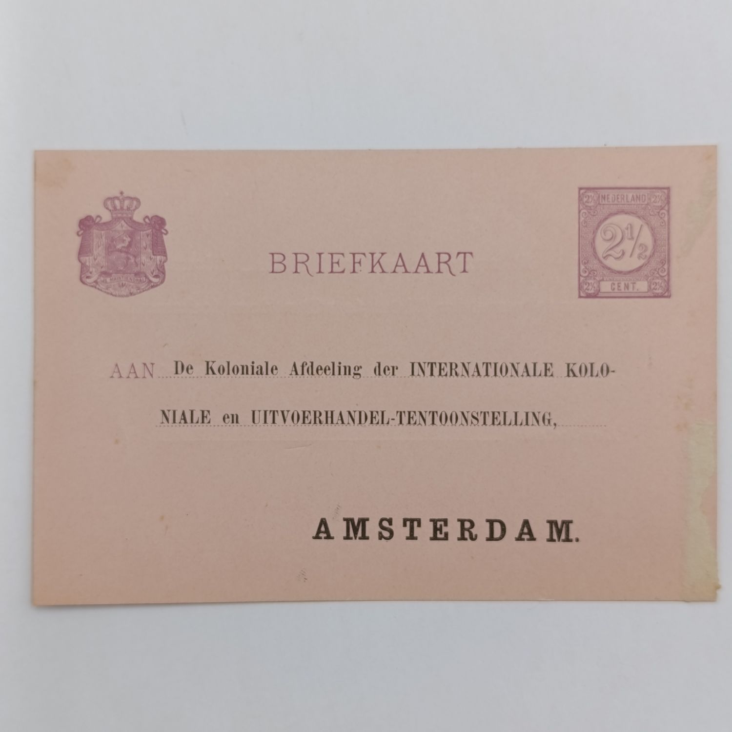 Pre printed 1883 Briefkaart Netherlands Amsterdam - to the Colonial Department of the International Exhibition