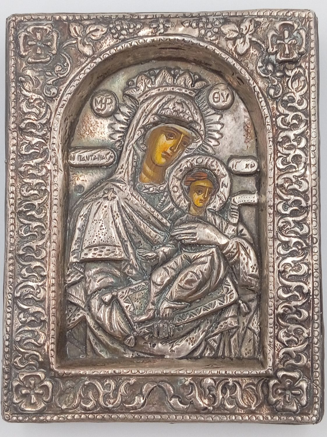 Vintage Pure Silver Russian Orthodox Icon on wooden backing  - Mary and Baby Jesus