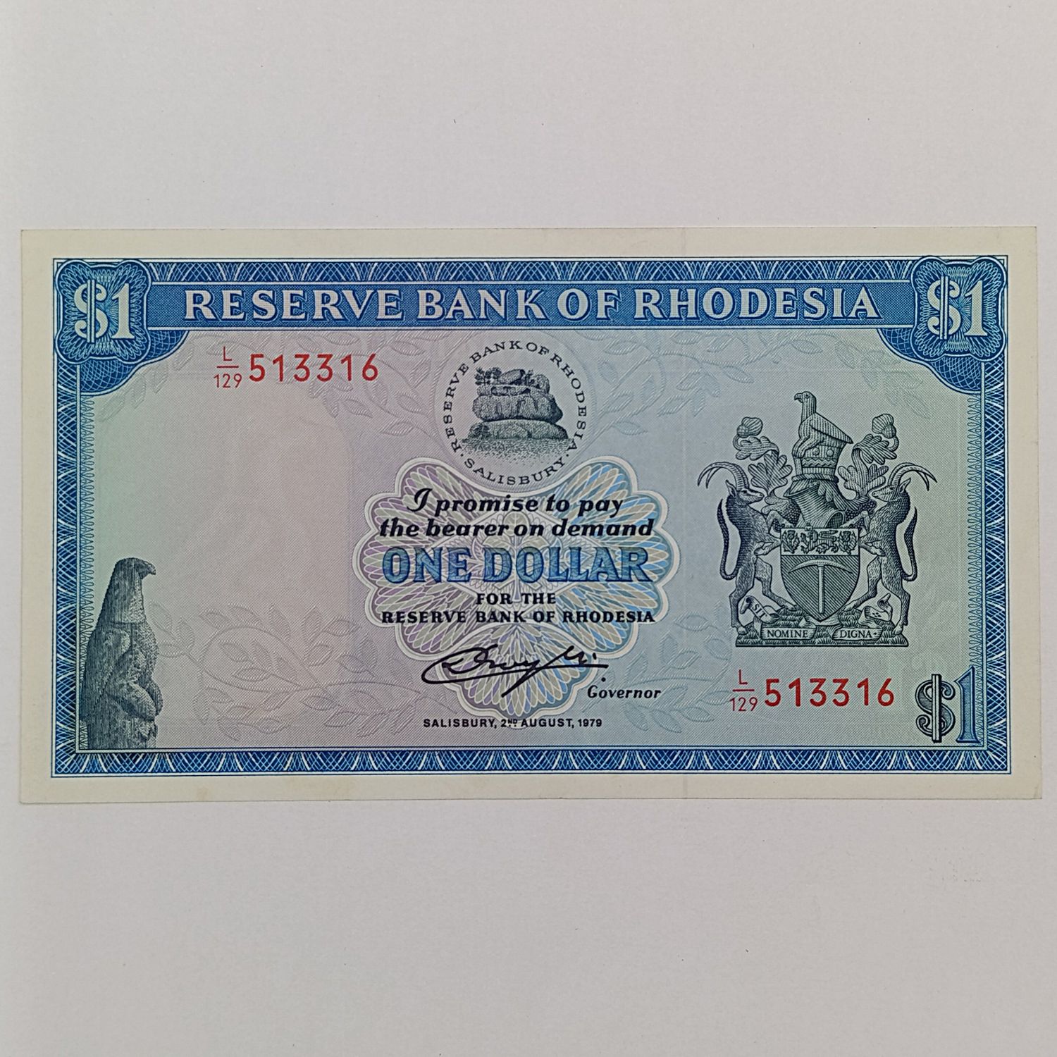 Rhodesia 2 Aug 1979 $1 banknote AU Bird watermark