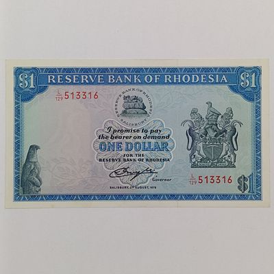 Rhodesia 2 Aug 1979 $1 banknote AU Bird watermark